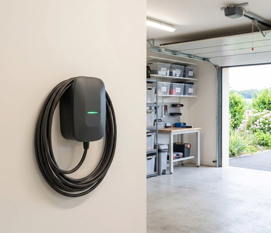 Borne de recharge murale installée dans un garage de maison