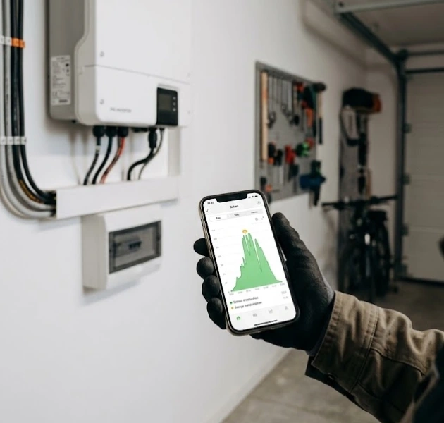 Suivi d’autoconsommation solaire sur téléphone près de l’onduleur