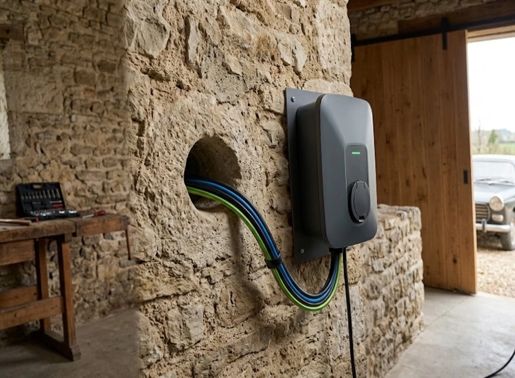 Borne de recharge murale installée et livrée dans un garage